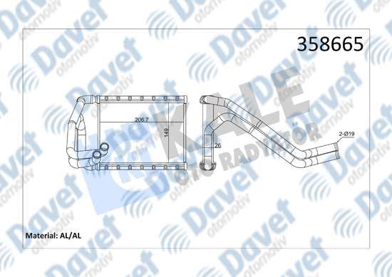 KALE 358665 Kalorifer Radyatoru Kia Ceed 1.6crdi 09>12 (Borulu) (Brazing Al/Al) (149x206.7x26)